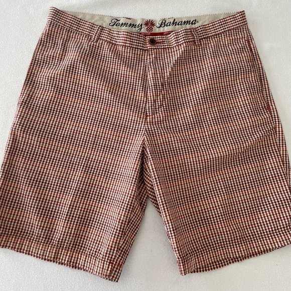 Tommy Bahama Men’s 35 Shorts Red Checked Flat Front 100% Cotton(37”Wx9”L) EUC # - Picture 1 of 10